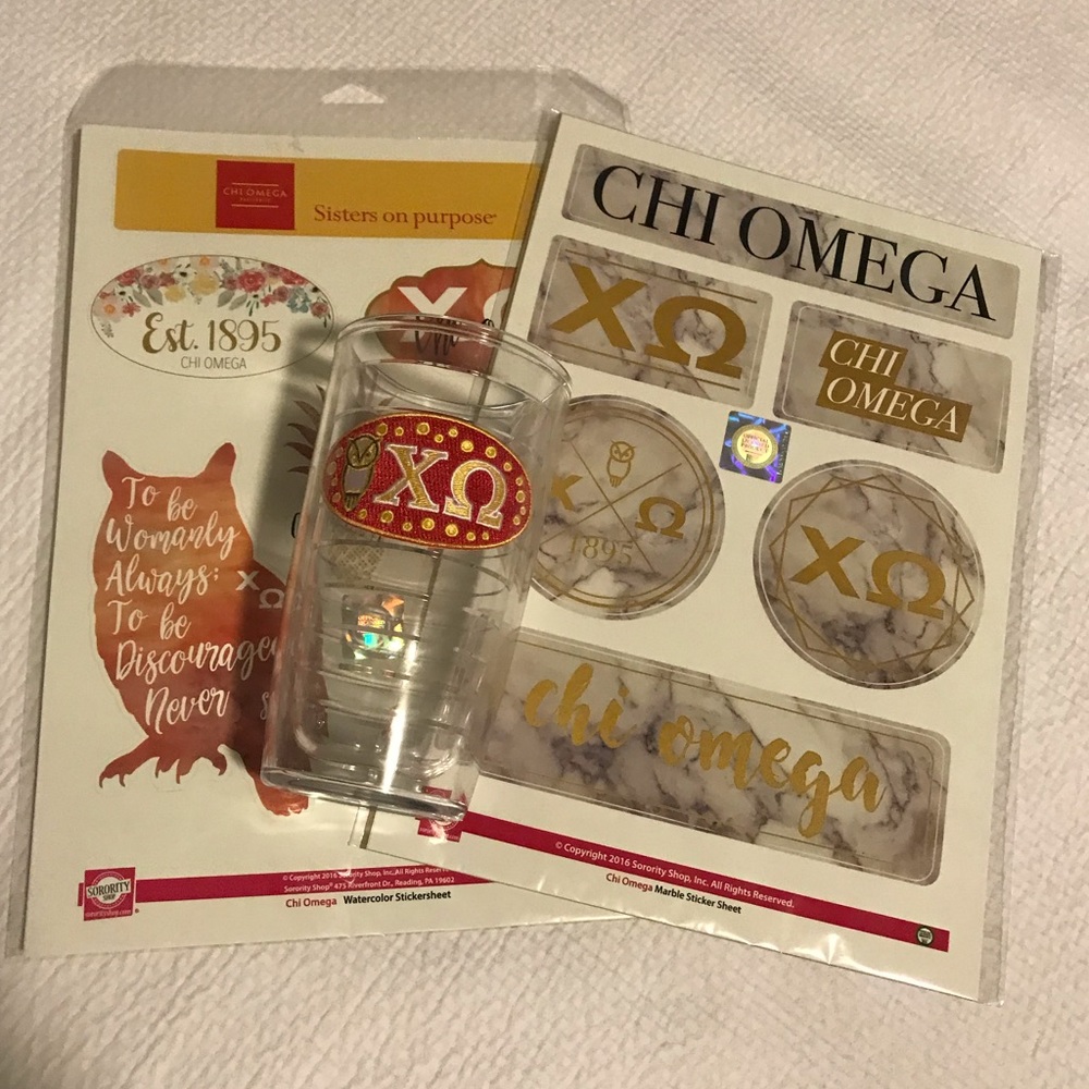 Chi Omega Bundle Stickers and Cup